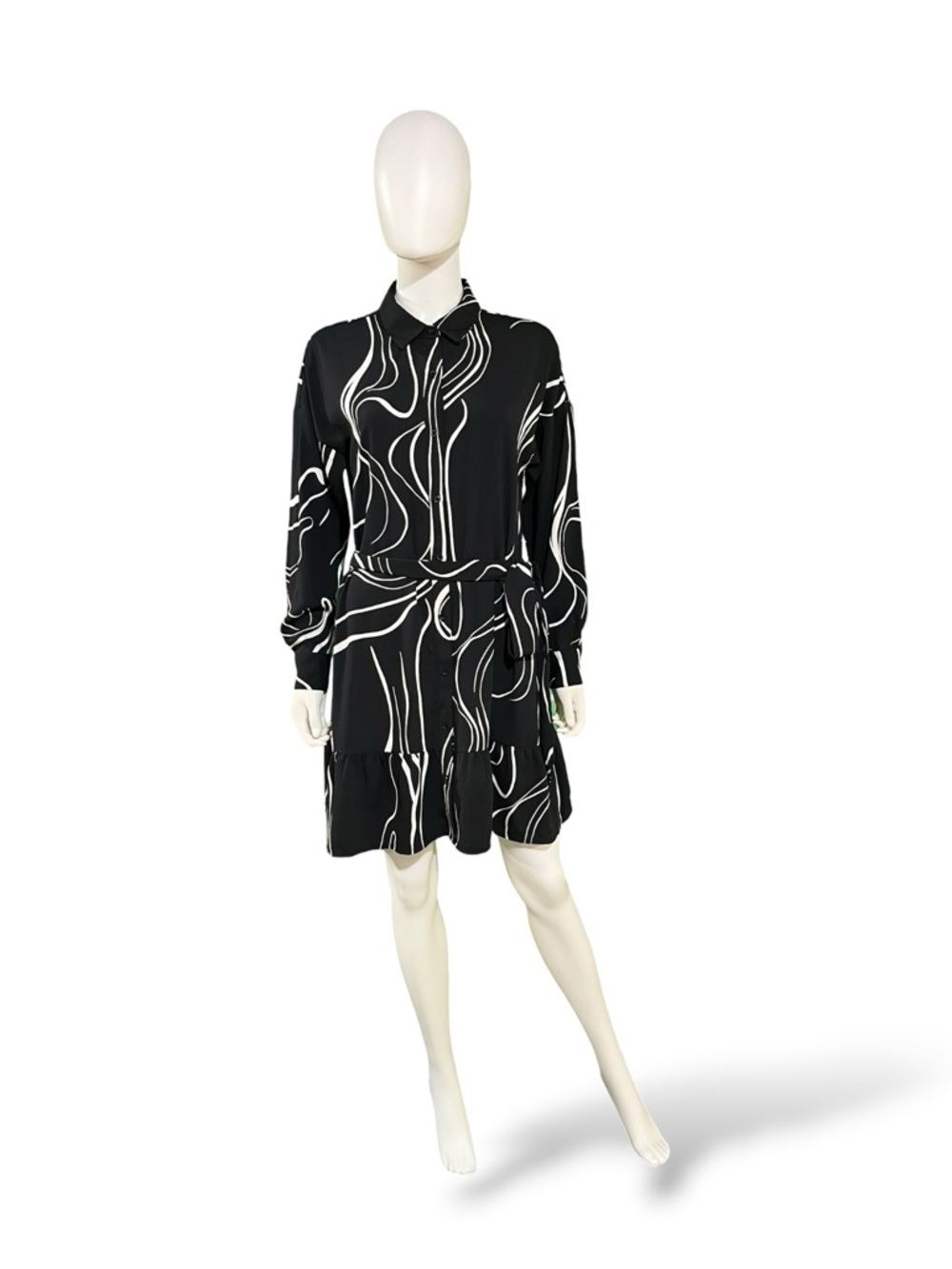 Nine West Black & White Patterned Long-Sleeve Shirt Dress, Medium